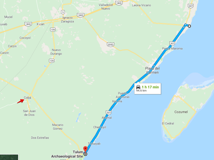 distance from tulum to coba ruins