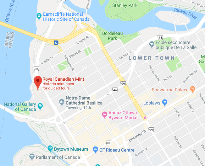 Map showing Royal Canadian Mint Ottawa