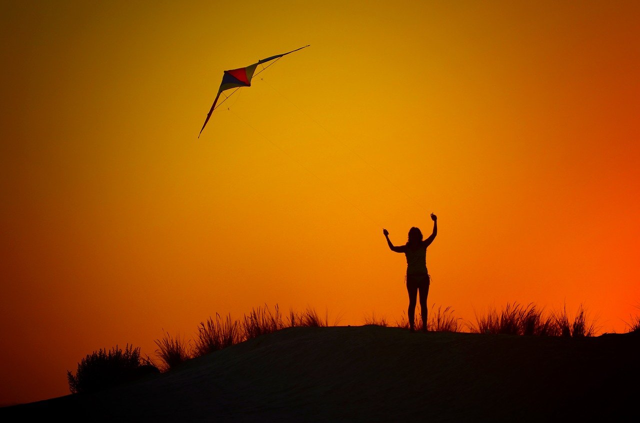 Kite, sunset, beach, person