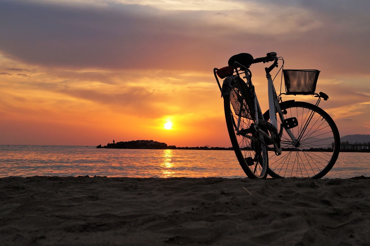 Bike, beach, sunset